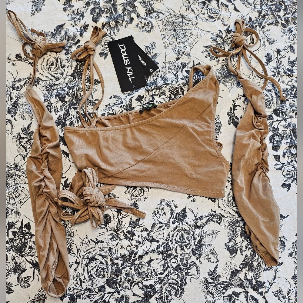 Dolls Kill Club EXX Tan Strappy Cut Out Crop Top